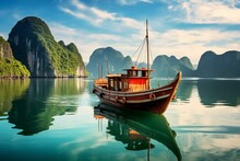 Astonishing Scenery Of A Village And Island In Halong Bay, Vietnam – A UNESCO World Heritage Site. Serene Junk Boat Cruise To The Popular Landmark. Generative AI