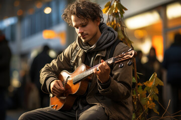 Sticker - A person playing a musical instrument on a street corner, adding spontaneity to urban environments. Generative Ai.