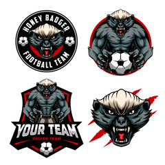 Wall Mural - Football Soccer Club Emblem Badge Logo design with a mascot combination of a honey badger head and half a body. set of logo combinations