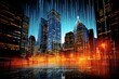 Charts depicting world economics above tall modern business buildings using technology. Generative AI