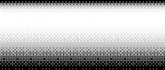 Pixelated bitmap gradient texture. Black and white dither pattern background. 8 bit video game screen wallpaper. Retro glitchy pixel art illustration. Abstract vector wide border
