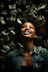 Wall Mural - A woman really happy and excited with money falling around her. Generative AI. 