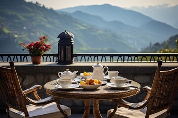 Breakfast with coffee and fresh pastries on the terrace overlooking the mountains