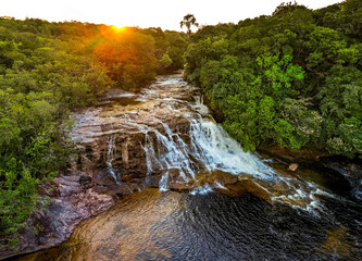 Scenic aerial view of Iracema Presidente Figueiredo waterfall at sunset in Brazil