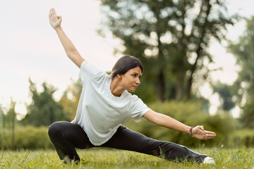 Portrait of serious woman wearing sport clothes training, practicing wushu in park