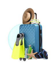 Poster - Suitcase, inflatable ring and other beach accessories isolated on white