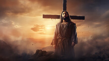 Biblical Illustration Series, Close Up Of Jesus On The Cross Wearing A Crown Of Thorns