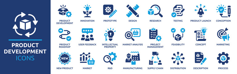 product development icon set. containing innovation, prototype, design, research, testing, product l