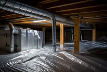 Fully encapsulated crawl space with thermoregulatory blankets, dimple board, and visible radon mitigation system pipes. Energy-saving home improvement concept in the basement. Generative AI