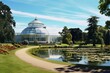 A bright day with a view of Kew Garden's palm house orangery in England. Generative AI