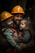 © thebaikers - construction worker hugging his children, warm vibes, fathers day concept photograph.