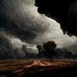 an oppressive ominous dark sheet of clouds premonition for the thunderstorm to come in an arid grey landscape horizon at 13 of the lowest side of the image low angle deserted wasteland with 