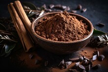 Tasty And Healthy Alternative To Chocolate With Carob Chocolate And Carob Fruit Powder On Dark Background. Generative AI