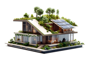 Canvas Print - 3D modern house with sun panels energy on the roof, Innovation sustainable green building Eco-friendly creative idea concept design, isolated on white and transparent background, ai generate