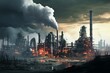 Illustration of futuristic industrial factory smokestacks in the background, resembling a matte painting. Generative AI