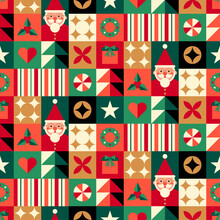 Cute Santa Clause And Geometric Icon Seamless Pattern Design For Christmas And New Year Holidays.
