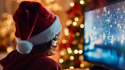 Wall Mural - boy dressed as santa claus, using computer at christmas