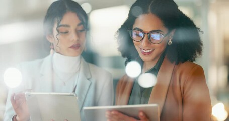 Poster - Business women, teamwork and tablet planning for human resources solution, company management and ideas at night. HR manager and worker training for internship on digital technology in window bokeh