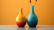 Three colorful vases are sitting on a table