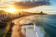 Aerial view of Lucio Costa Avenue, Marapendi Lagoon, and Reserva Beach in Rio de Janeiro, Brazil. Sunrise over Barra da Tijuca and Recreio. Bright daylight. Drone photo. Generative AI