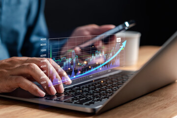 Businessman Analyst working with computer in Business Analytics and Data Management System to make report connected to database. Corporate strategy for finance, operations, sales, marketing.