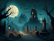 Halloween cemetery and castle illustration