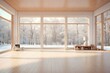 Winter panorama room with open space, large windows, wooden floor, modern architecture, and plenty of natural light. Generative AI