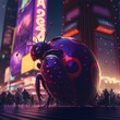 Enormous ladybug in crowded area full city background realistic kindly blured night time photorealistic cinematic photography purple and yellow cyberpunk neon Vegas on the background cinematic 