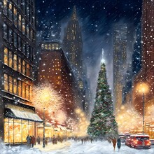 Christmas Scenery Modern Christmas Christmas Tree Snowfall Downtown New York City At Night Many Lights 