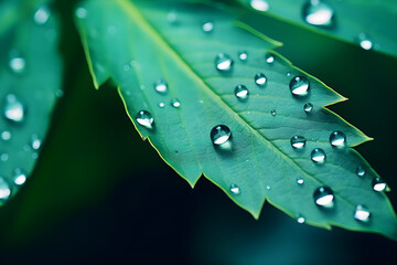 Wall Mural - Large drop water reflects environment. Nature spring photography — raindrops on plant leaf. Background image in turquoise and green tones with bokeh