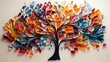The tree of life in multicolored leaves, in the style of matte drawing, ominous vibe, paper sculptures, realistic color palette, dark colors, colorful woodcarvings, contrasting backgrounds
