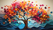 The Tree Of Life In Multicolored Leaves, In The Style Of Matte Drawing, Ominous Vibe, Paper Sculptures, Realistic Color Palette, Dark Colors, Colorful Woodcarvings, Contrasting Backgrounds

