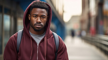 Wall Mural - African-American man exuding urban style in a graphic hoodie,  joggers,  and high-top sneakers