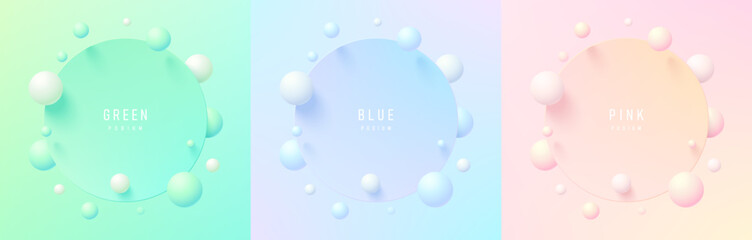 Poster - Set of green, blue, pink, yellow 3d circle podium in top view background. Bouncing white and colorful ball scene. Circle frames gradient color in minimal. Abstract platforms design. Stage showcase.