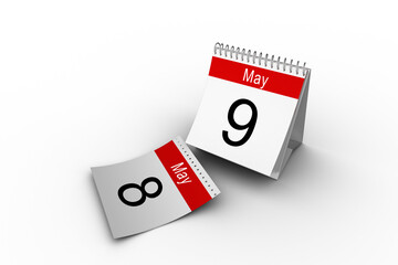 Wall Mural - digital png illustration of calendar with 8 and 9 may cards on transparent background