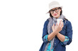 © vectorfusionart - Digital png photo of happy caucasian woman in hat holding paper cup on transparent background