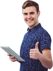 Wall Mural - Digital png photo of happy caucasian young man holding tablet on transparent background