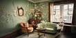 a cozy victorian parlor room with mid century furnished wallpaper