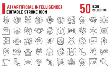 Set of 50 AI Artificial Intelligence Editable Icon Set. AI icons includes machine learning, cloud computing, AI technology, future, robots, chat boots, big data. AI Line Icons