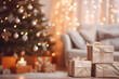 Beautiful blurred interior of a living room decorated for Christmas in warm cosy brown tones. Christmas tree, lights and gifts out of focus