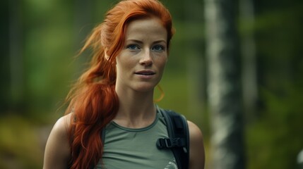 Poster - Red Haired Women Amputee with Amputation Going for A Hike and Run