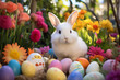 fluffy white bunny basks in garden in the spirit of Easter, surrounded by a collection of beautifully decorated eggs, vibrant Easter eggs, adorned with intricate patterns and pastel hues