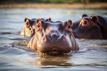Group Of Hippopotamus Lounging In The River In The Zoo, Hippo In The Water, Hippo With A Wide Open Mouth, Majestic Hippo, Blissful Retreat In The River, Zoo Habitat