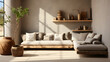 Boho minimalist home interior design of modern living room. Corner sofa in room with beige stucco walls