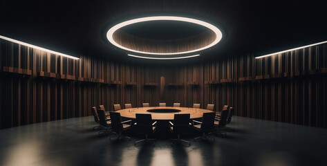 Wall Mural - a circular municipality meeting room with black waffle, interior of a restaurant. Generative Ai content