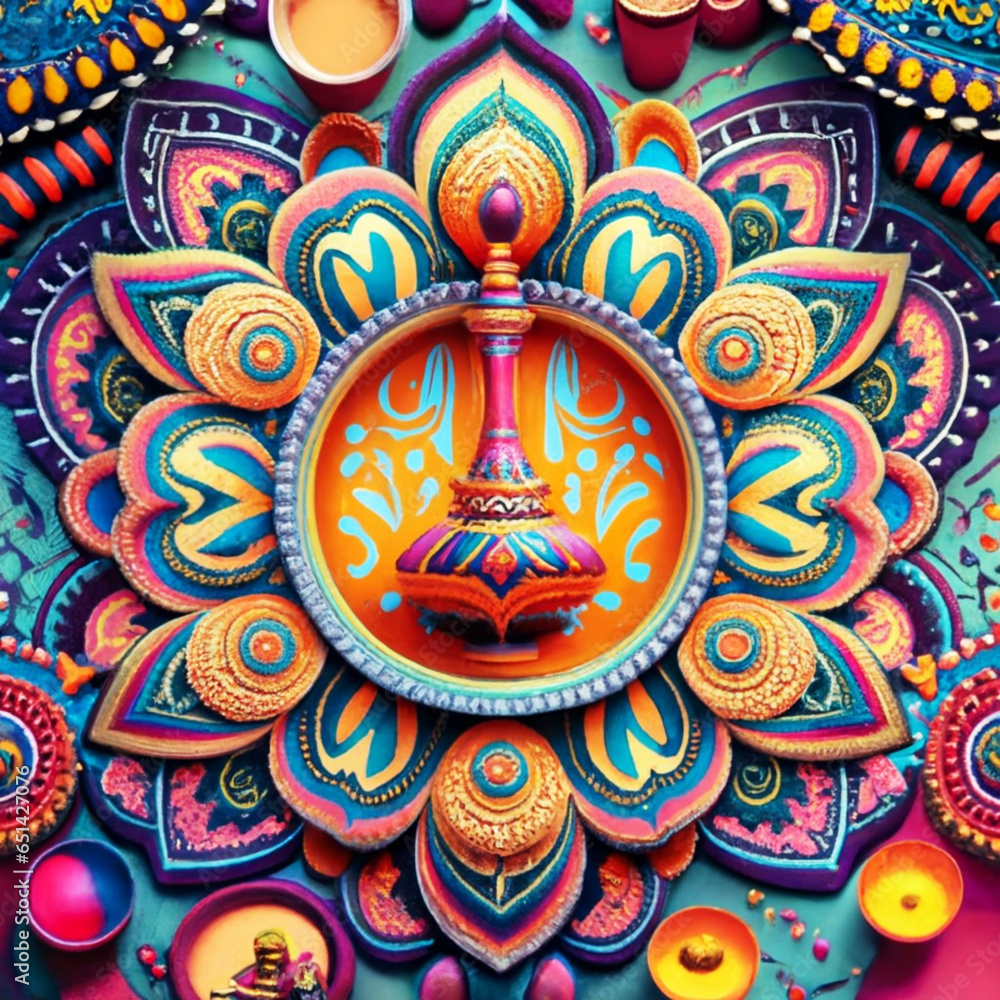 Generate an image with a diya and a grand rangoli at a temple Stock ...