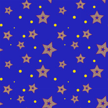 Bright Stars And Yellow Circles On A Blue Background. Shapes Of Different Sizes. Seamless Pattern. Background For Paper, Cover, Fabric, Interior Decor.