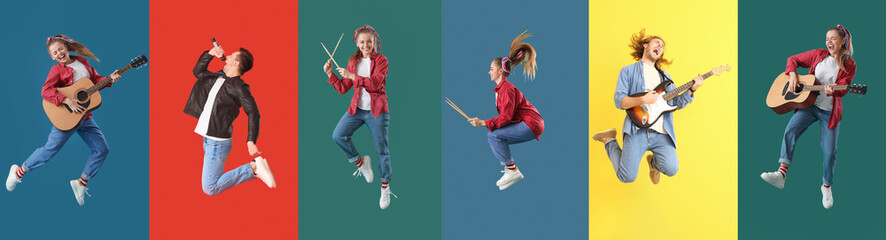 Set of people playing musical instruments and singing on color background