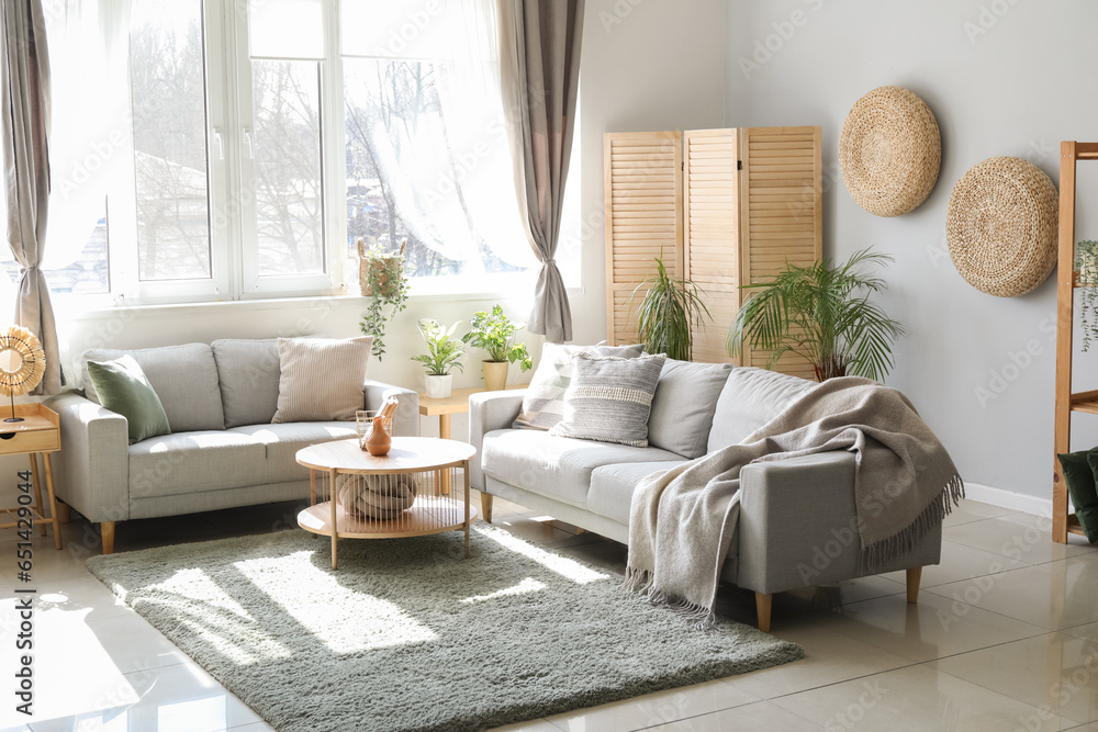 Interior of light living room with sofas, houseplants and table