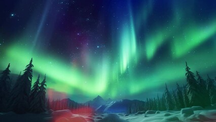 snowy natural scenery at night with aurora sky. a beautiful green and red aurora dancing over the hi